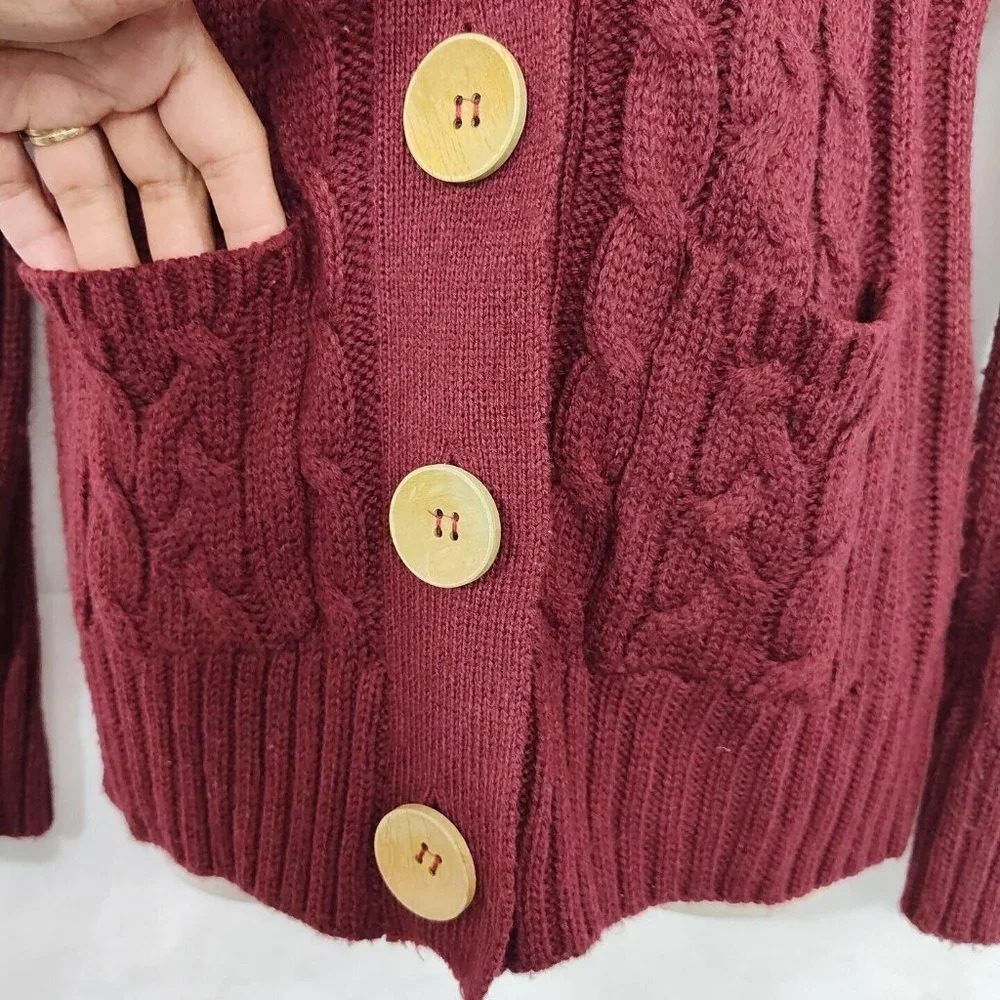 Zenana Outfitters Button Up Cardigan Cable Sweater Size M Burgundy Red Acrylic - Picture 3 of 7